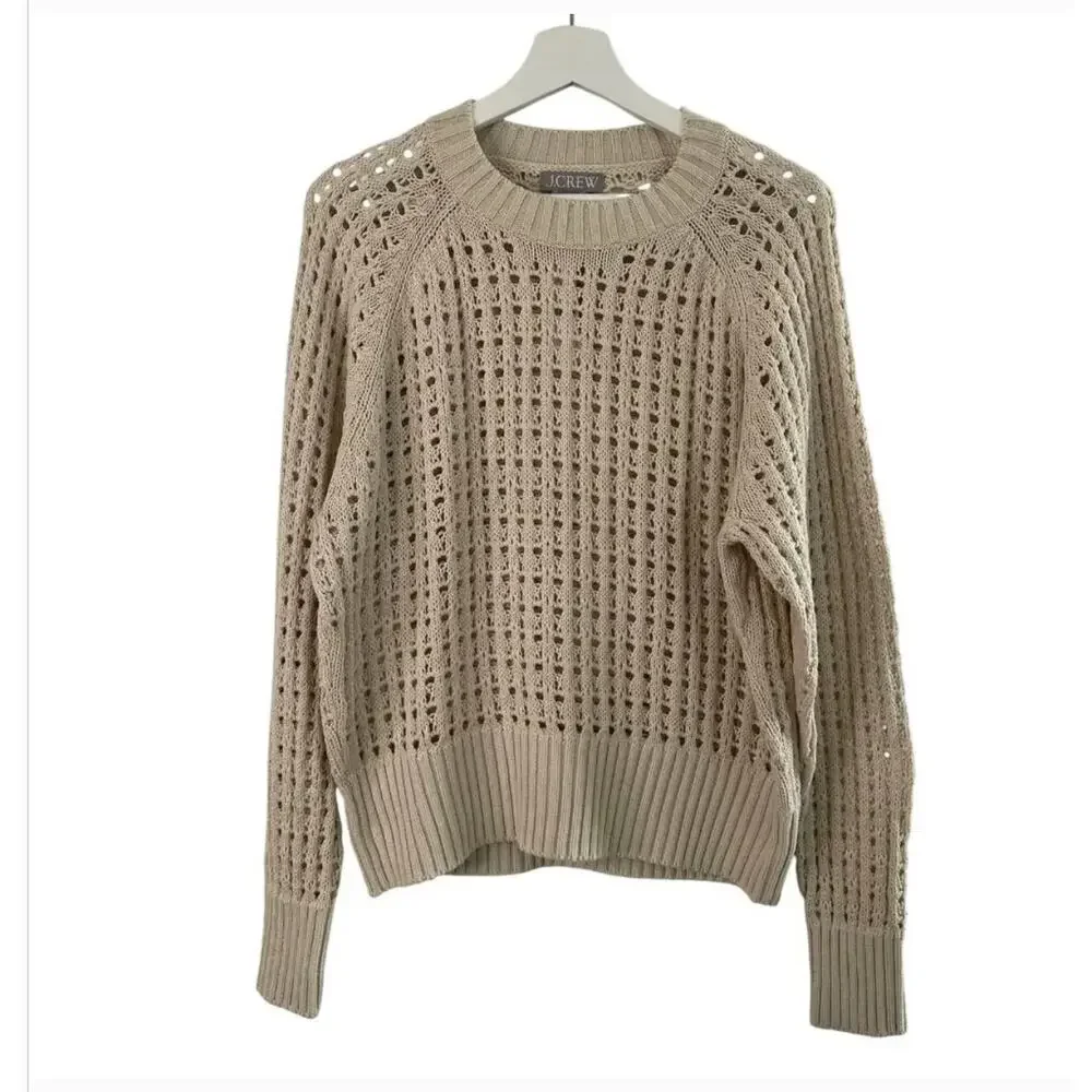 J Crew Open Knit Sweater L Tan Beige BZ498 J.Crew Festival Travel Coastal